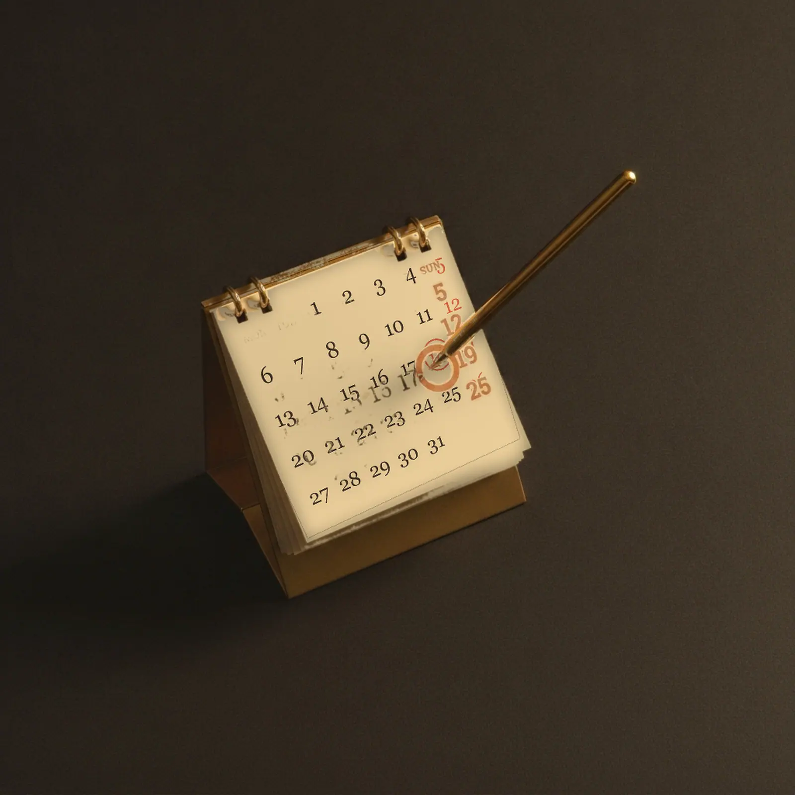 Booking engine — a brass desk calendar with a stylus