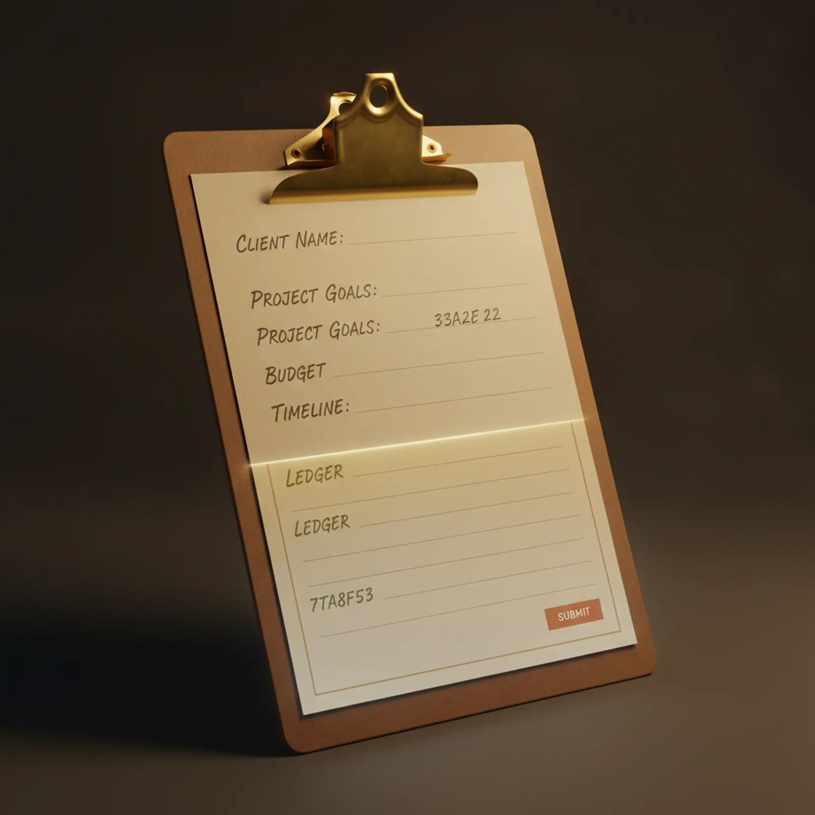 Lead capture — a clipboard form with a terracotta action button