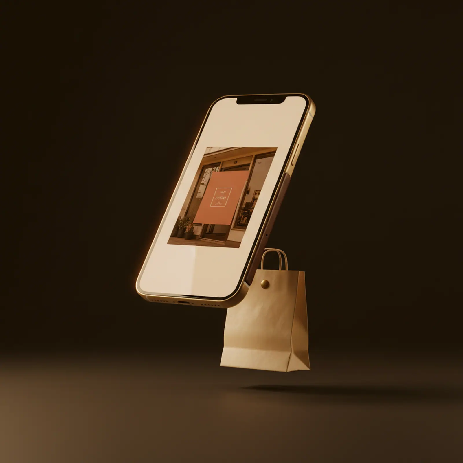 Storefront channel — a phone floating above a folded paper bag